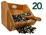 JQsWildlife wooden bird feeder filled with 20 lbs of black oil sunflower seeds white striped sunflower seeds and nyjer seeds in a rustic wooden scoop
