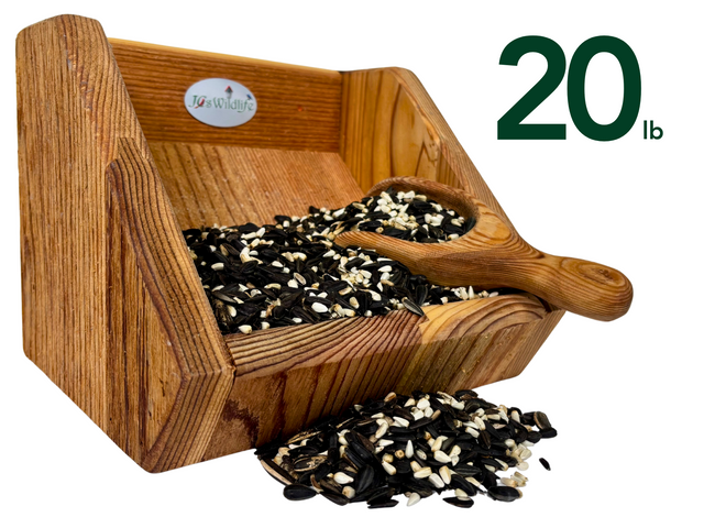 JQsWildlife wooden bird feeder filled with 20 lbs of black oil sunflower seeds white striped sunflower seeds and nyjer seeds in a rustic wooden scoop
