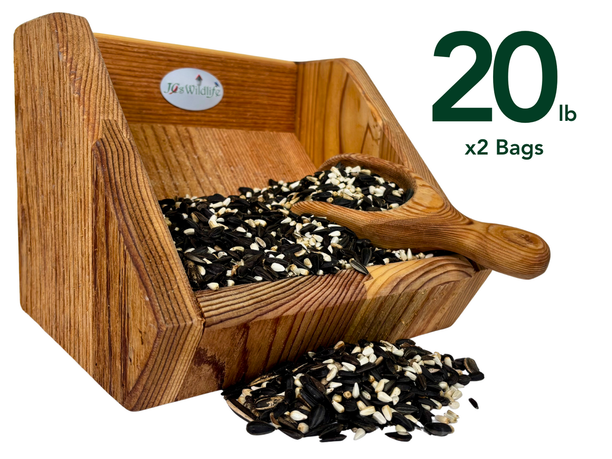 JQsWildlife wooden bird feeder filled with black oil sunflower seeds white striped sunflower seeds and niger seeds showing a wooden scoop and  20 lb bag size
