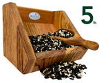 JQsWildlife wooden bird feeder filled with five pounds of black oil sunflower seeds white striped sunflower seeds and nyjer seeds showing rich wood grain and a small wooden scoop
