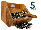 JQsWildlife wooden bird feeder filled with black oil sunflower seeds white striped seeds and niger seeds spilling onto a white background
