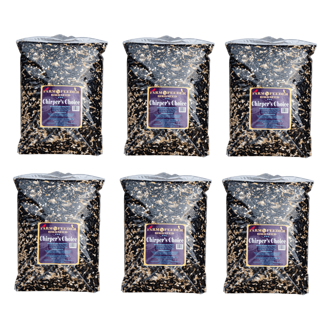 Six bags of JCS Wildlife Chirper's Choice 5lb Loose Seed, containing a mix of premium seeds, high in protein and fat.