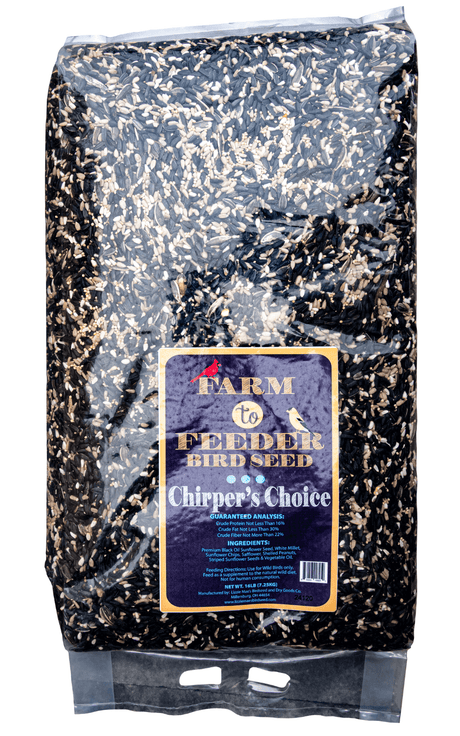 JCS Wildlife Chirper's Choice 16lb Loose Seed Bag with premium black oil sunflower seeds, white millet, and sunflower chips