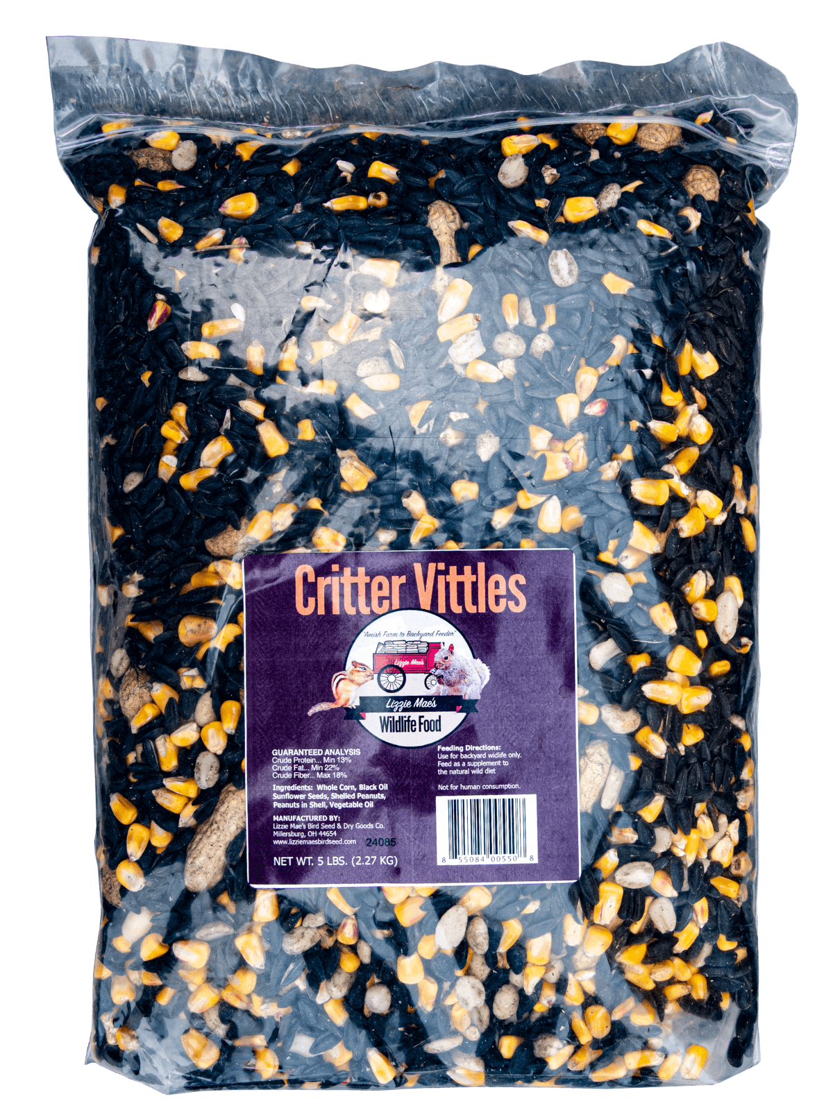 JCS Wildlife Critter Vittles 5lb Loose Seed Bag with sunflower seeds, whole corn, peanuts in shell, and split peanuts for backyard critters