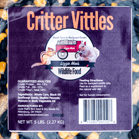 JCS Wildlife Critter Vittles 5lb Loose Seed Bag with premium ingredients for backyard critters, featuring black oil sunflower seeds, whole corn, and peanuts.