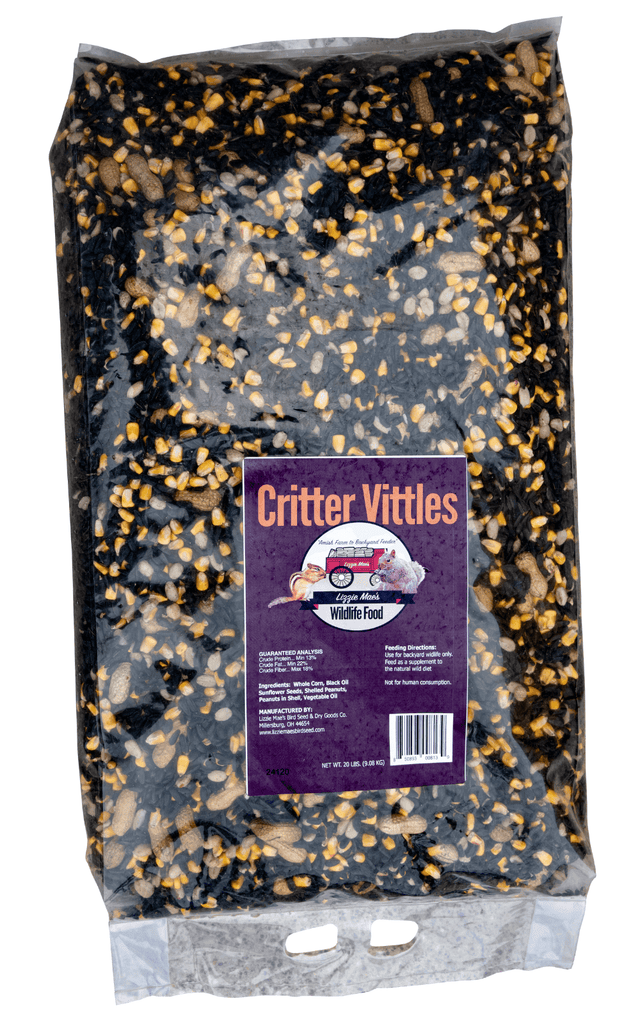 JCS Wildlife Critter Vittles 20lbs loose seed bag featuring premium black oil sunflower seeds, whole corn, peanuts in shell, and split peanuts.