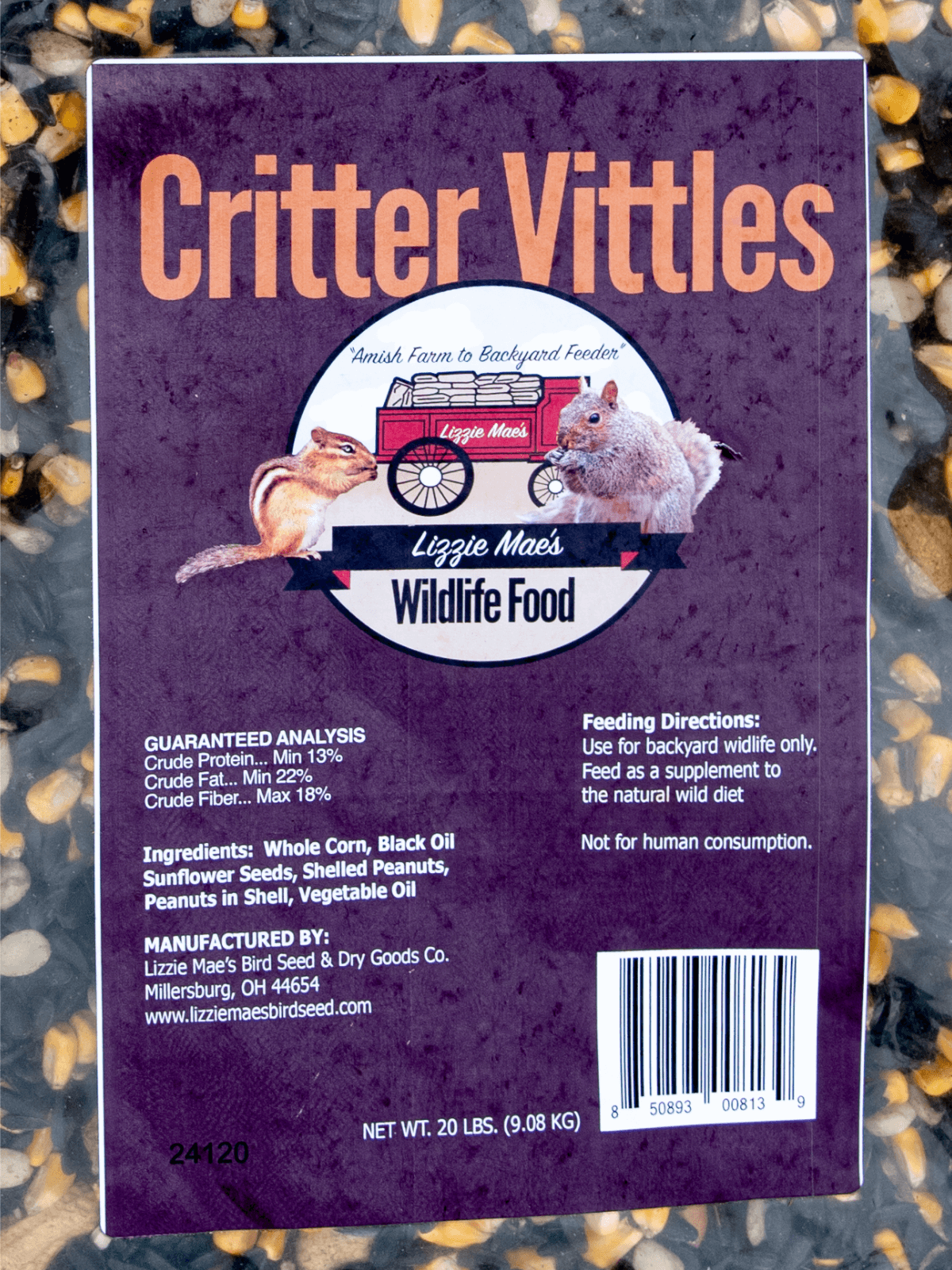 JCS Wildlife Critter Vittles 20lbs Loose Seed Bag - Premium blend of black oil sunflower seeds, whole corn, peanuts for backyard critters.