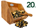 Jos Wildlife wooden bird feeder filled with 20 pounds of birdseed including peanuts corn and sunflower seeds showing rich wood grain and a small wooden scoop