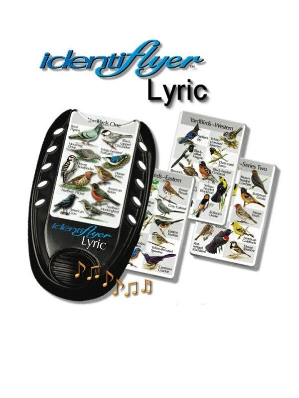 Identiflyer Lyric handheld bird identification device showing various North American bird species including robins, chickadees, and woodpeckers with vibrant colors and detailed illustrations
