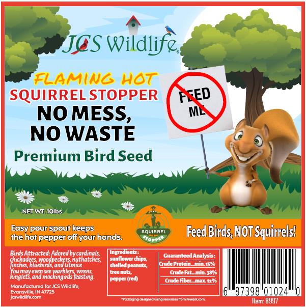 JCS Wildlife Squirrel Stopper No Mess, No Waste 10lbs Loose Seed Bag Product Label