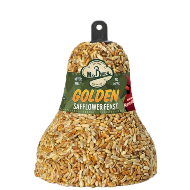 Mr. Bird Golden Safflower Feast Wild Bird Seed Bell, 10 oz, perfect for attracting birds without squirrels.