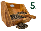 JGsWildlife product photography shows a five pound wooden bird feeder filled with a mix of black and white seeds and a small wooden scoop showcasing the rich wood grain and the varied seed colors
