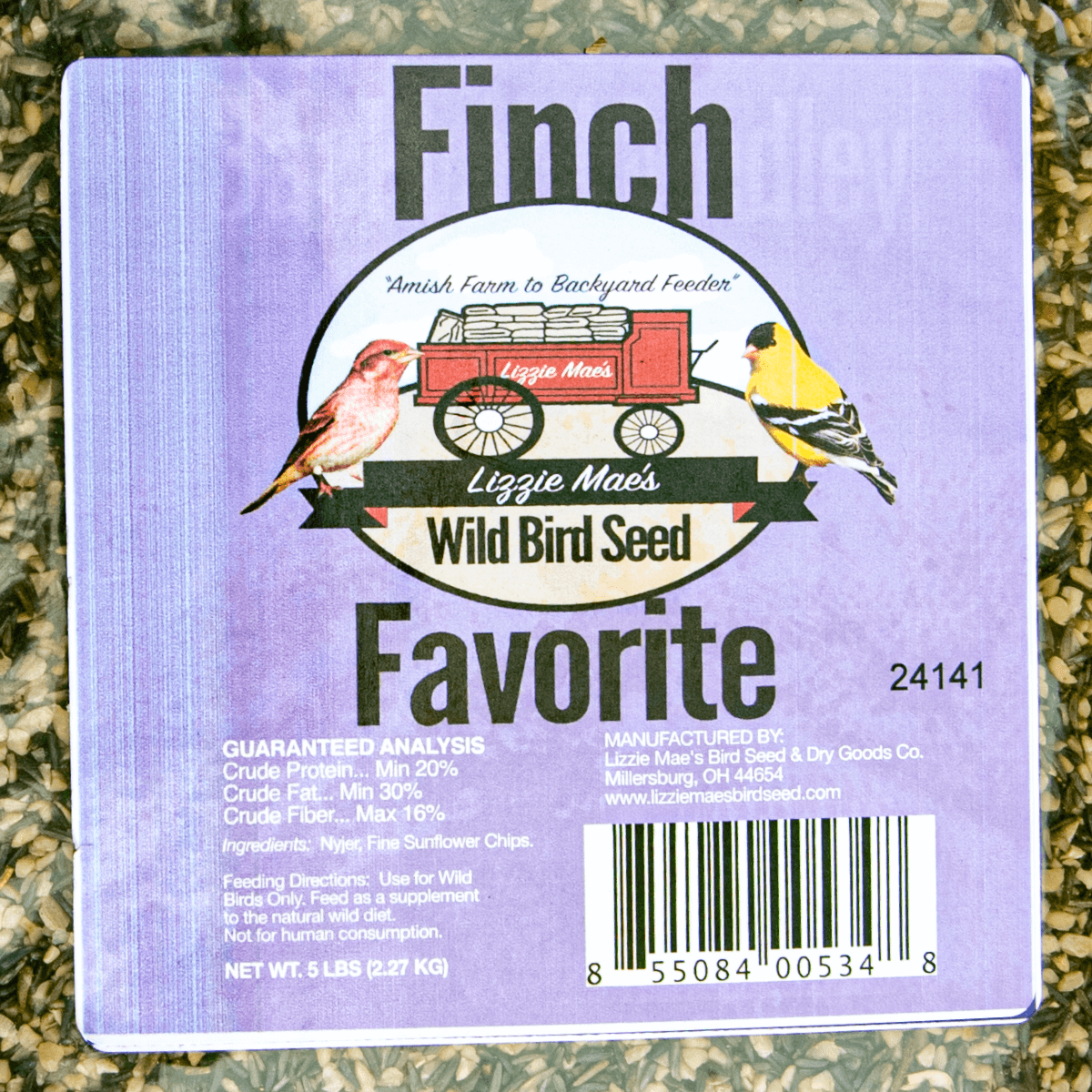 JCS Wildlife Finch Favorite 5lb seed bag with nyjer and fine sunflower chips, 20% protein, 30% fat, and 16% fiber.