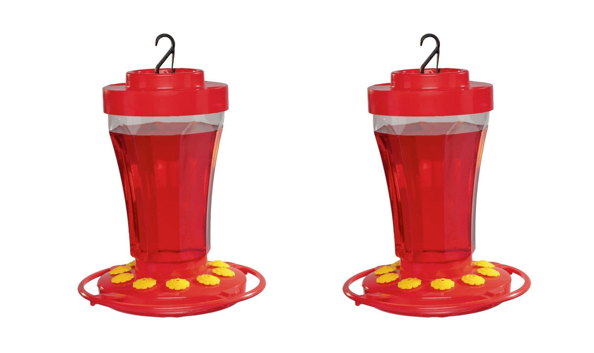 First Nature 3090 Hummingbird Nectar Flower Feeder 32 oz, red with yellow flowers, two-pack, made in USA, 10 feeding ports, bee and wasp deterrent