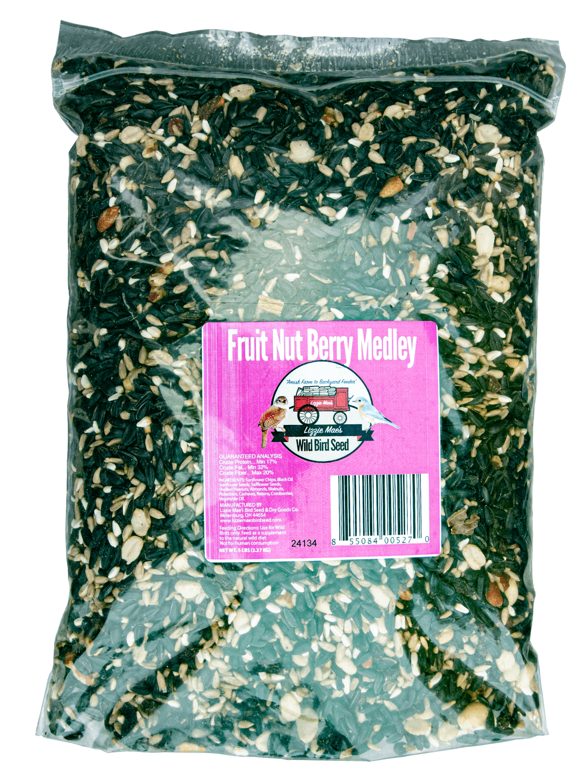 JCS Wildlife Fruit, Berry, Nut 5lb Loose Seed Bag for wild birds, premium blend of sunflower, peanuts, safflower, tree nuts, cranberries, raisins