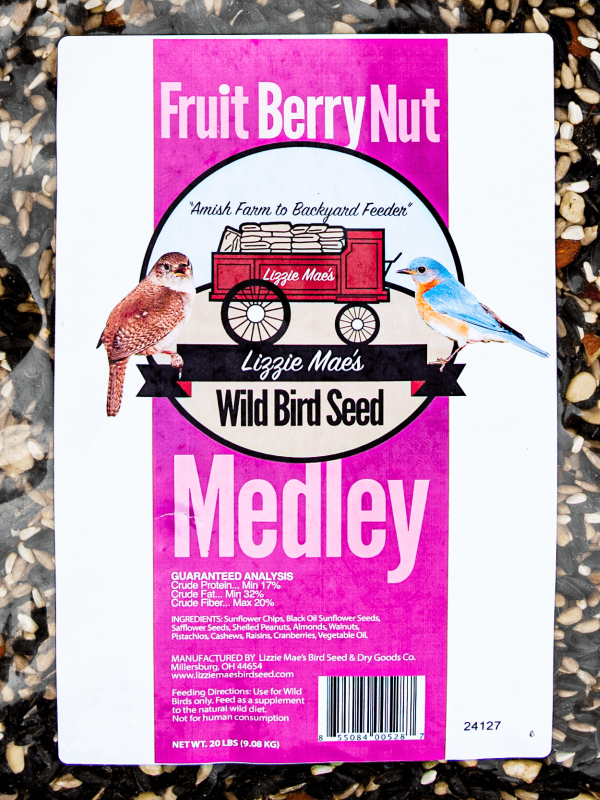 JCS Wildlife Fruit Berry Nut 20lb Loose Seed Bag with premium ingredients and nutrition for backyard feeders with wild bird seed medley.