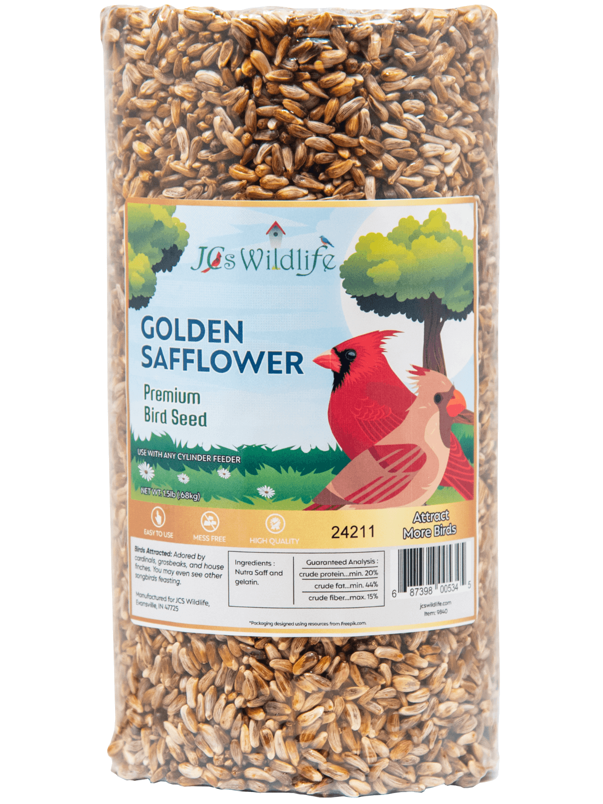 JCS Wildlife Golden Safflower Premium Bird Seed Small Cylinder Packaging