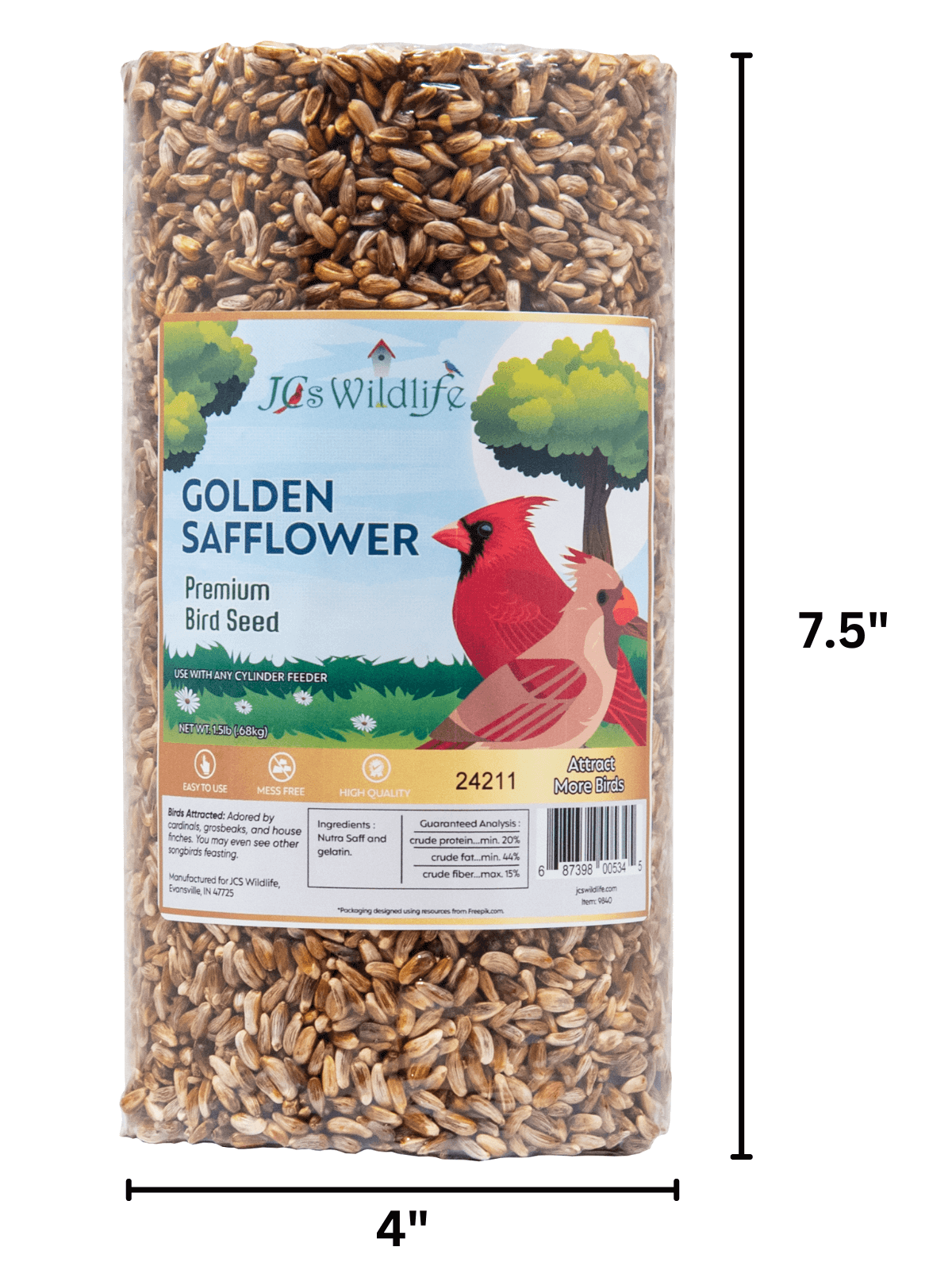 JCS Wildlife Golden Safflower Premium Bird Seed Small Cylinder with dimensions 7.5 inches by 4 inches.