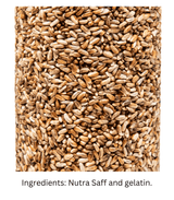 Close-up of JCS Wildlife Golden Safflower Premium Bird Seed cylinder with NutraSaff and gelatin ingredients