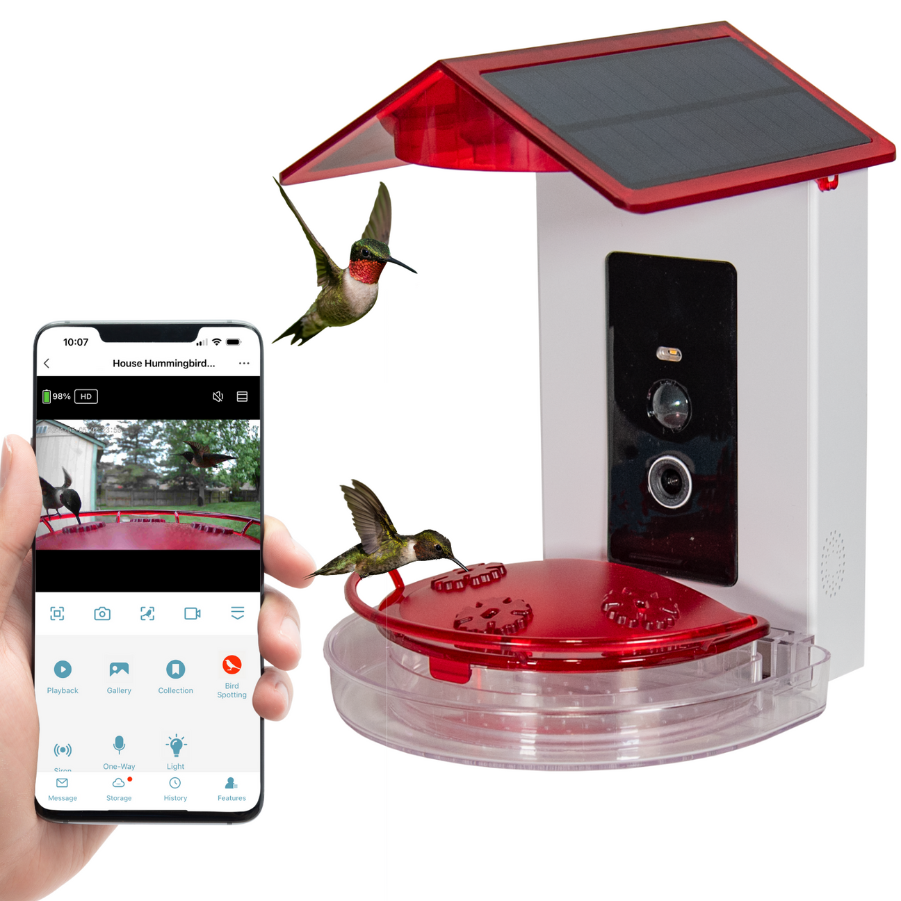 JCS Wildlife Smart 2-in-1 Hummingbird Feeder with solar panel and camera, capturing hummingbirds in action.