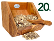 JCs Wildlife wooden bird feeder filled with 20 lbs of sunflower seeds peanuts and dried berries showcasing rich wood grain and a small wooden scoop
