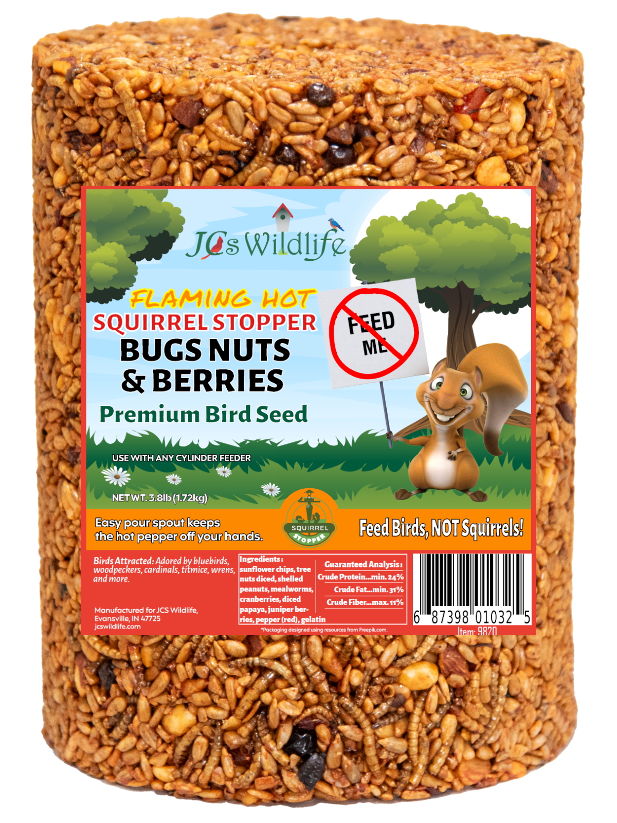 JCS Wildlife Squirrel Stopper Bugs Nuts & Berries Large Cylinder 3.8lbs