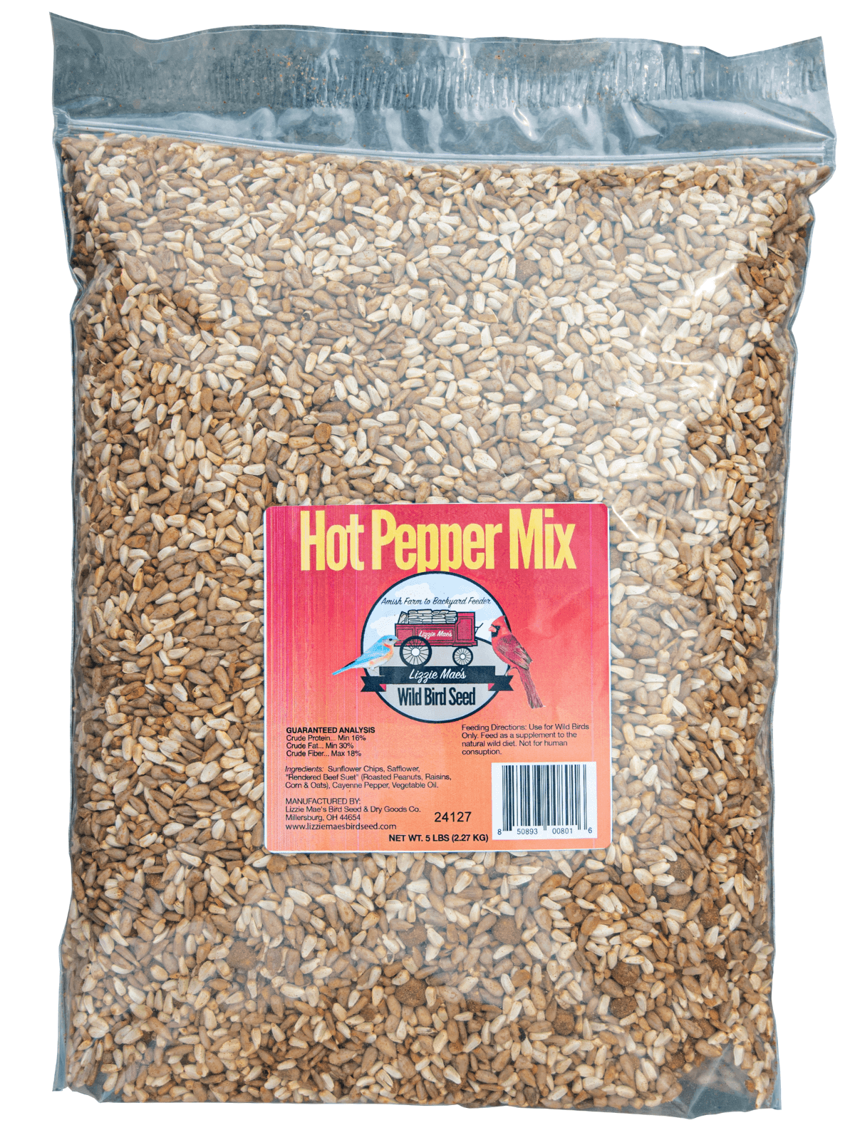 JCS Wildlife Hot Pepper 5lb Loose Seed Bag, spicy bird feed mix deters squirrels and mammals, capsaicin-based wild bird food.