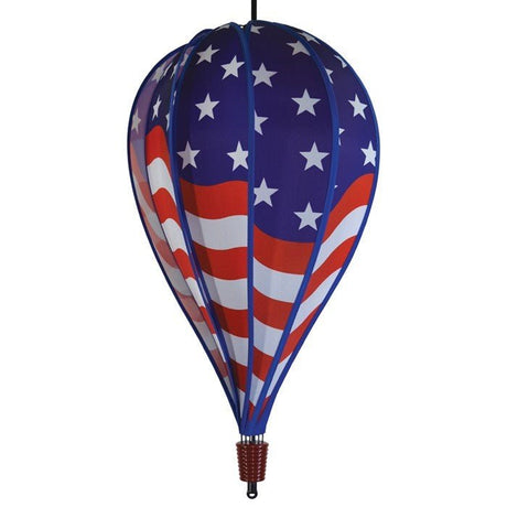 USA flag hot air balloon wind spinner with weather-resistant fabric and fiberglass frame for long-lasting outdoor enjoyment.