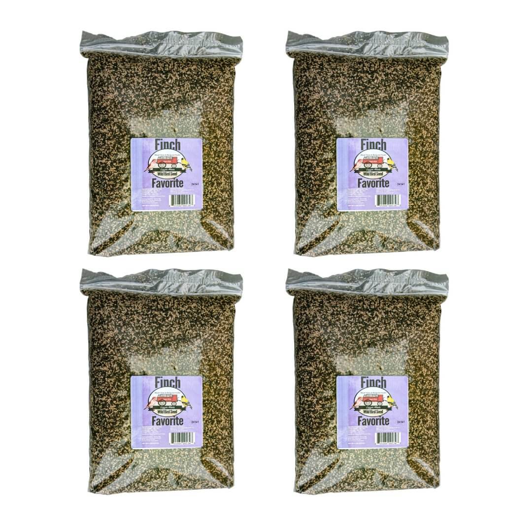 Four bags of JCS Wildlife Finch Favorite 5lb Loose Seed with Nyjer and Fine Sunflower Chips for wild bird feeding.