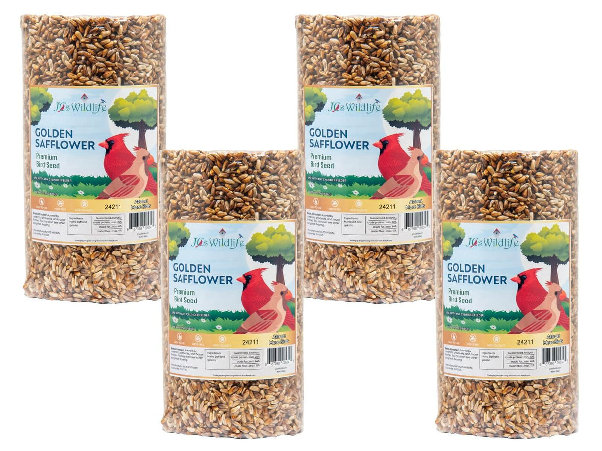 JCS Wildlife Golden Safflower Premium Bird Seed Small Cylinder pack of four with colorful cardinal illustration.