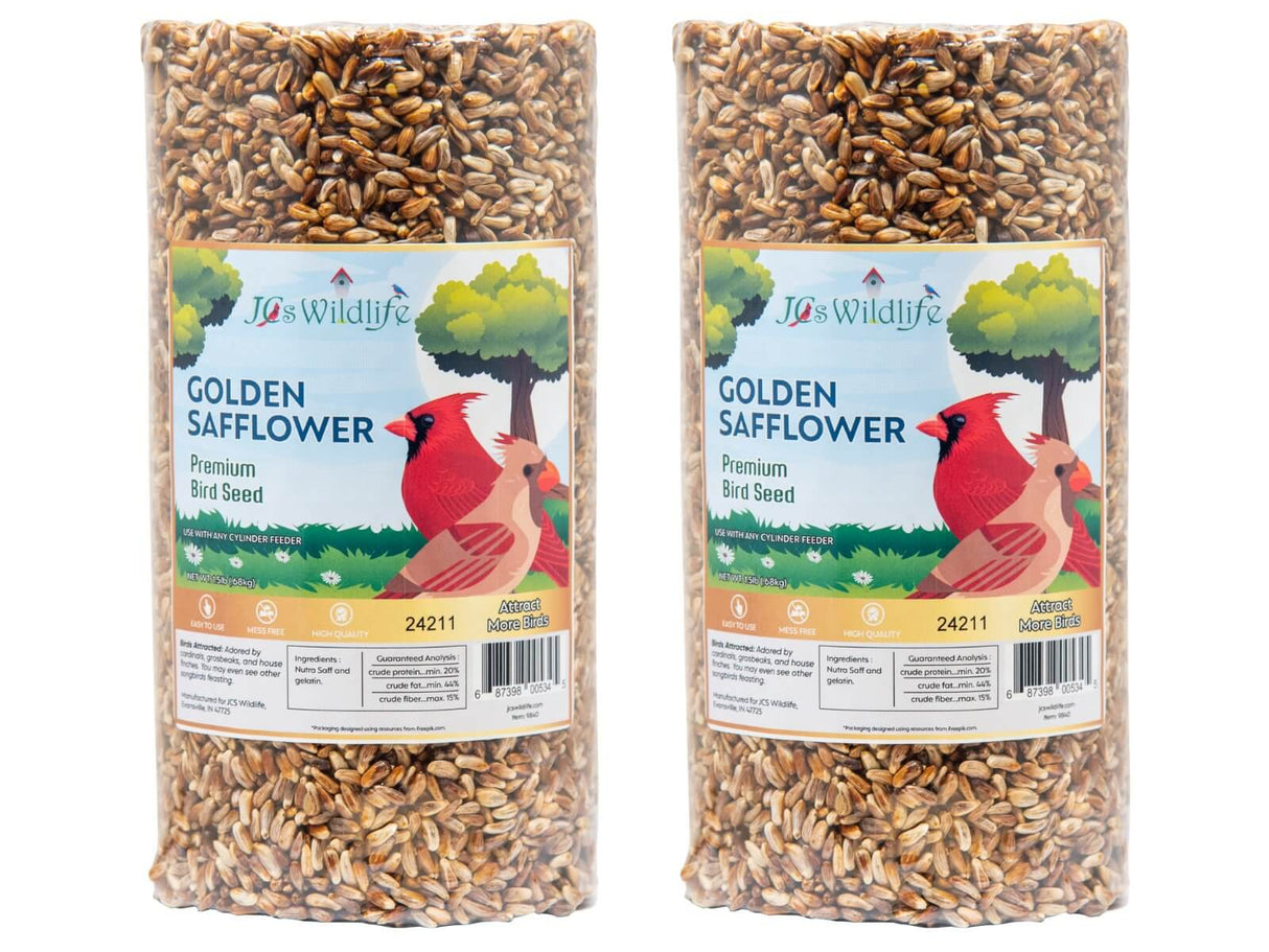 JCS Wildlife Golden Safflower Premium Bird Seed Small Cylinder pack of two with product labels.