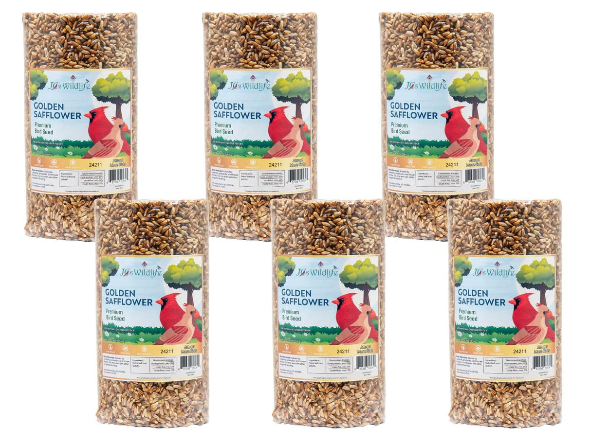 Six packs of JCS Wildlife Golden Safflower Premium Bird Seed Small Cylinder with a vibrant bird-friendly packaging.