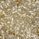 JCS Wildlife Shell Free 5lb Loose Seed Bag containing coarse sunflower chips, split peanuts, and hulled millet close-up shot