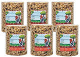 Six JCS Wildlife Woodpecker Blend Bird Seed Large Cylinders, 5 lb each, featuring high-quality nuts, seeds, fruits, and berries.