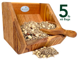 JCs Wildlife product photography showing a wooden feeder filled with a mix of sunflower seeds peanuts and raisins with a wooden scoop a rich brown color and visible wood grain
