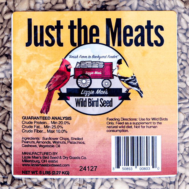 JCS Wildlife Just the Meats 5lb Wild Bird Seed Bag with Sunflower Chips, Peanuts, Tree Nuts, and Crude Protein Information on Label