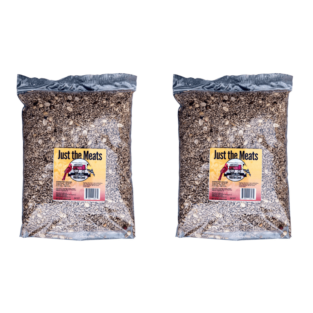 Two bags of JCS Wildlife Just the Meat 5lb Loose Seed featuring sunflower chips, shelled peanuts, and tree nuts.