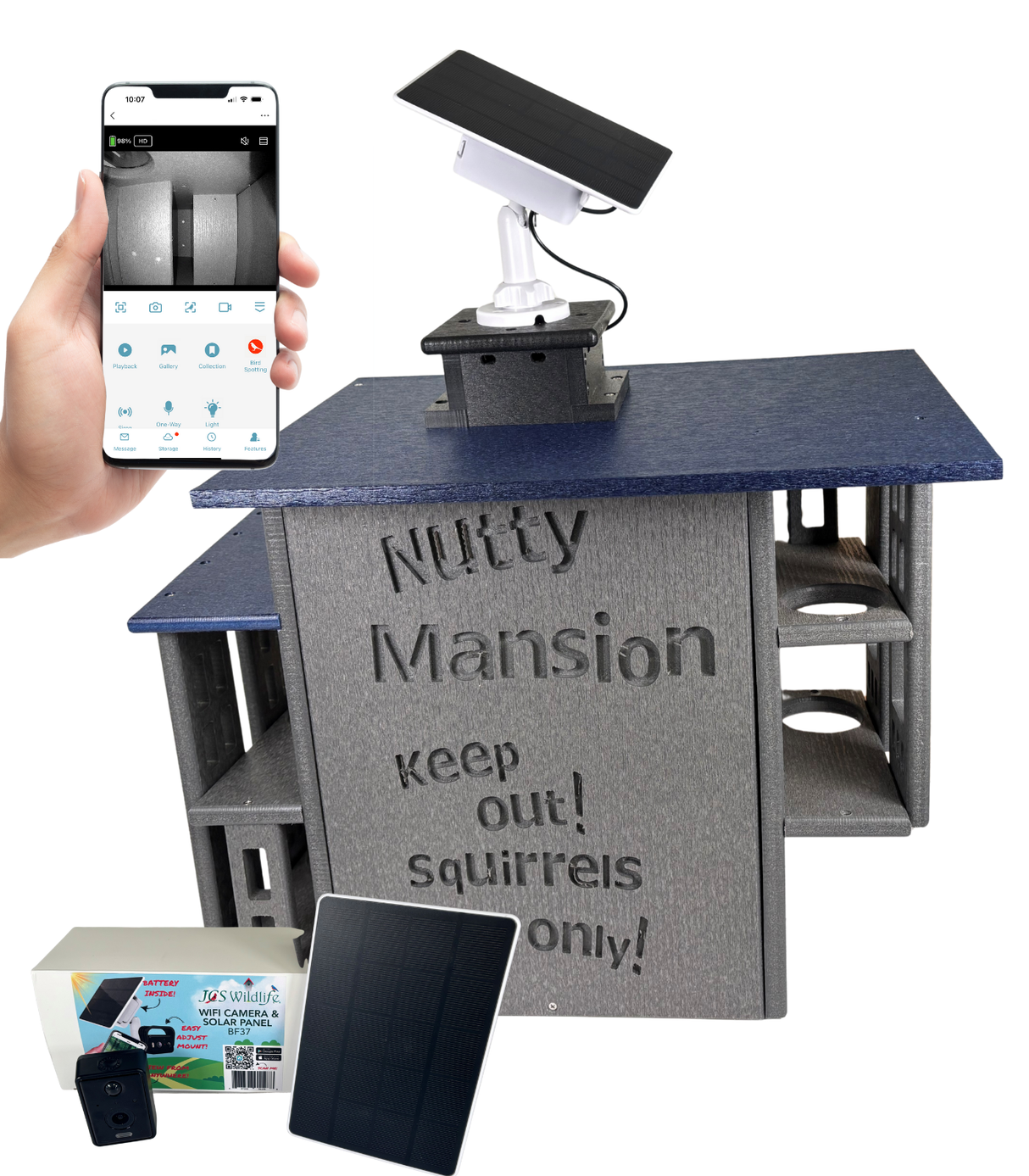 JCS Wildlife Nutty Mansion Squirrel Nesting Box w/ Wi-Fi Camera & Solar Panel