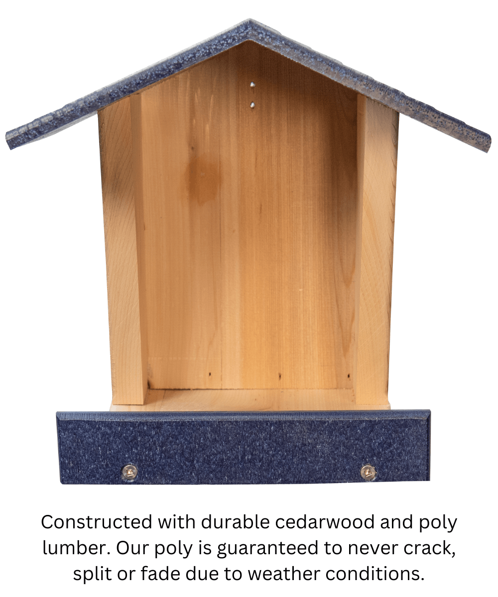 JCS Wildlife cedar robin roost with poly lumber roof showcasing durable, eco-friendly materials.