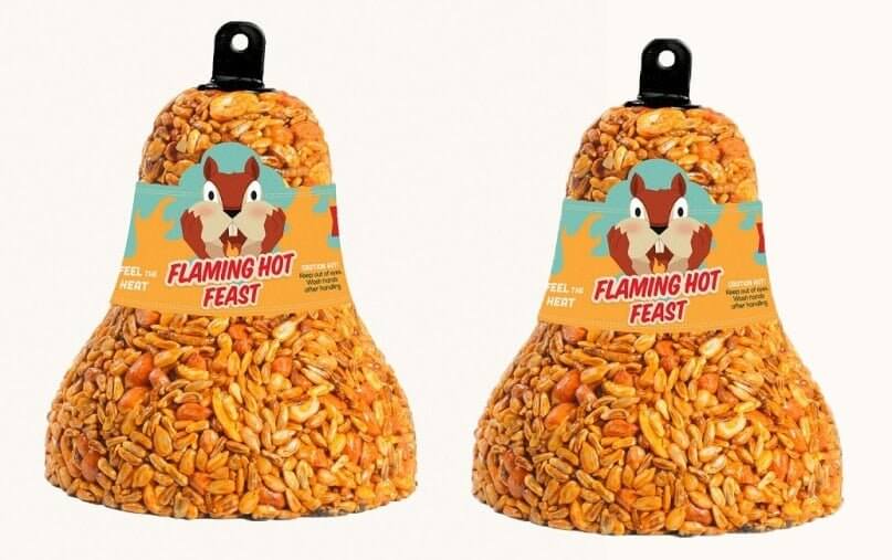 Mr. Bird Flaming Hot Feast Wild Bird Seed Bell 8 oz (2 Pack) for birds, sunflower hearts, peanuts, golden safflower, meal worms, spicy.