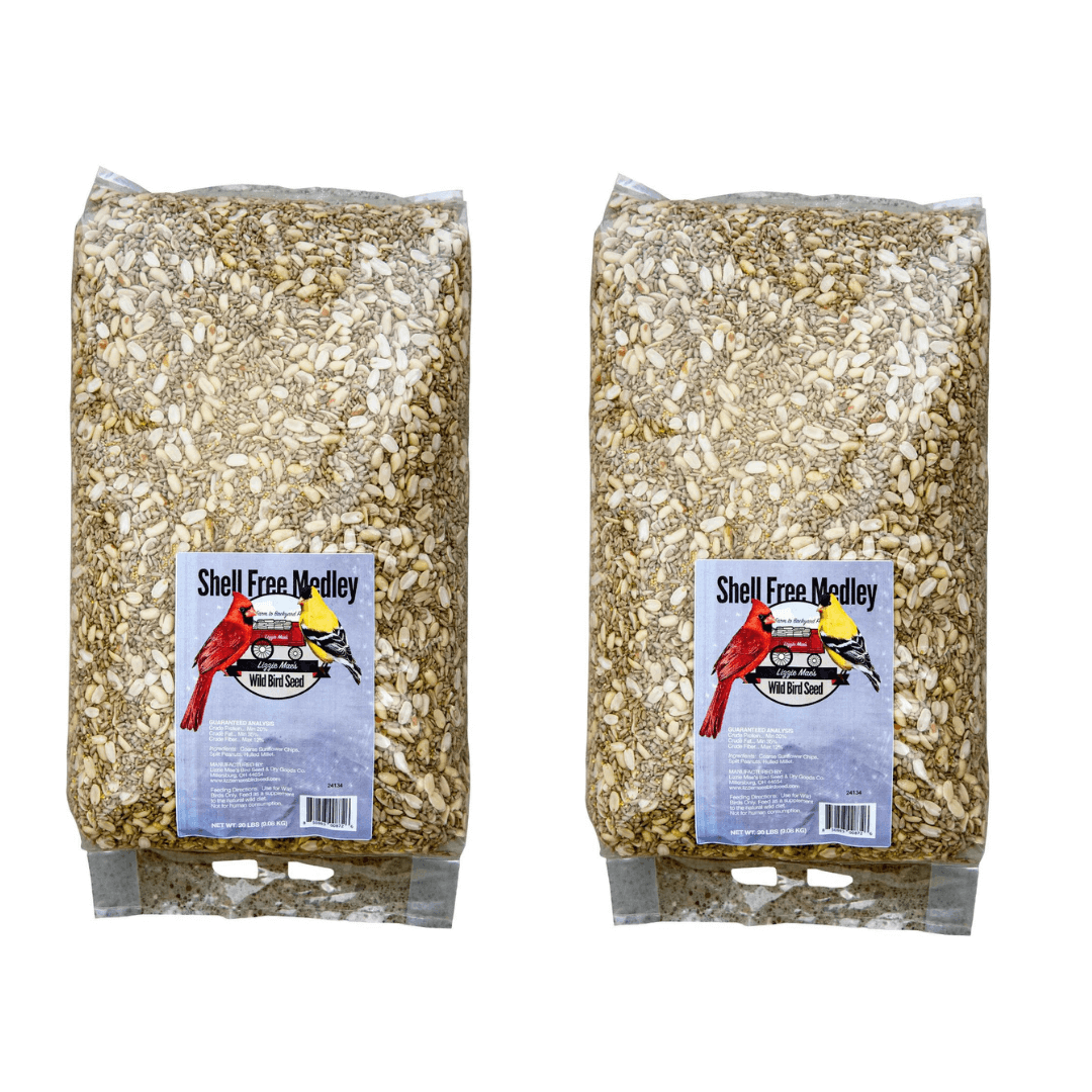 Two 20lb JCS Wildlife Shell Free Medley Seed Bags with Coarse Sunflower Chips, Split Peanuts, and Hulled Millet for wild birds