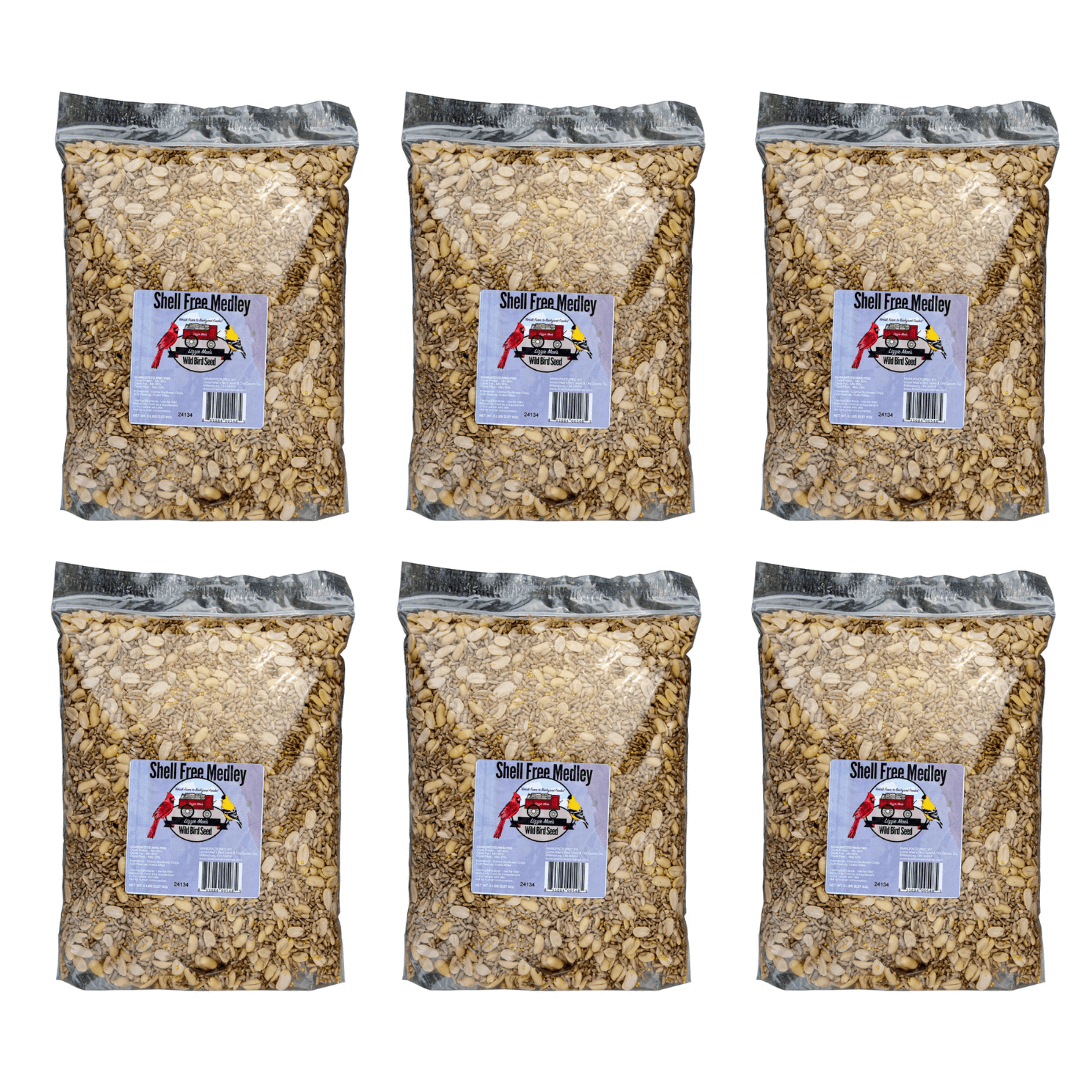 Six JCS Wildlife Shell Free 5lb Loose Seed Bags with Sunflower Chips, Split Peanuts, Hulled Millet for Bird Feeding.