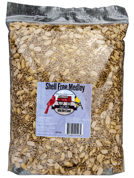 JCS Wildlife Shell Free Medley 5lb Loose Seed Bag with sunflower chips, split peanuts, and hulled millet for wild birds