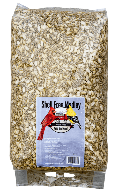 JCS Wildlife Shell Free Medley 20lb Loose Seed Bag with Coarse Sunflower Chips, Split Peanuts, and Hulled Millet for wild birds