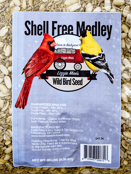 JCS Wildlife Shell Free Medley 20lb Loose Seed Bag with Sunflower Chips, Split Peanuts, Hulled Millet for Wild Birds