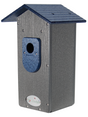 This photo shows an elongated birdhouse made from grey recycled poly lumber, with a blue predator guard and a blue roof. 