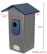 This photo shows the dimension of the bluebird house. 15.5" in height. 9.5" wide, including the roof. 8" deep.