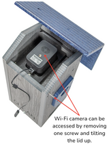 This photo shows a top view of the bluebird house with the roof opened by a side hinge with text that reads, "Wi-Fi camera can be accessed by removing one screw and tilting the lid up."
