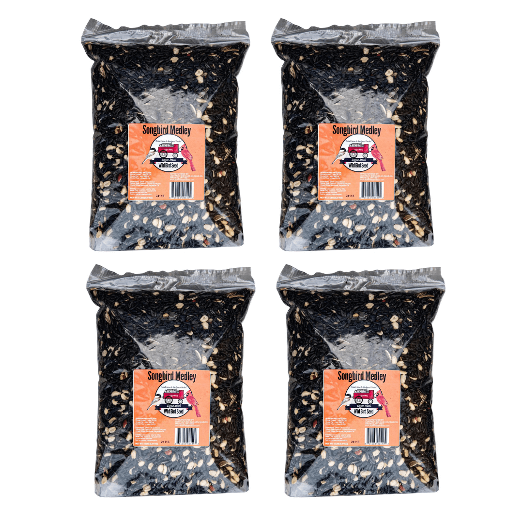 Four bags of JCS Wildlife Songbird Medley 5lb Loose Seed, featuring black oil sunflower seeds, split peanuts, and sunflower chips for birds.