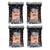 Four bags of JCS Wildlife Songbird Medley 5lb Loose Seed, featuring black oil sunflower seeds, split peanuts, and sunflower chips for birds.